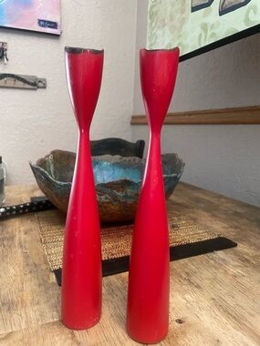 Vintage MCM Danish Modern Tulip Pop Art Red Lacquer Candlesticks Pair  see desc